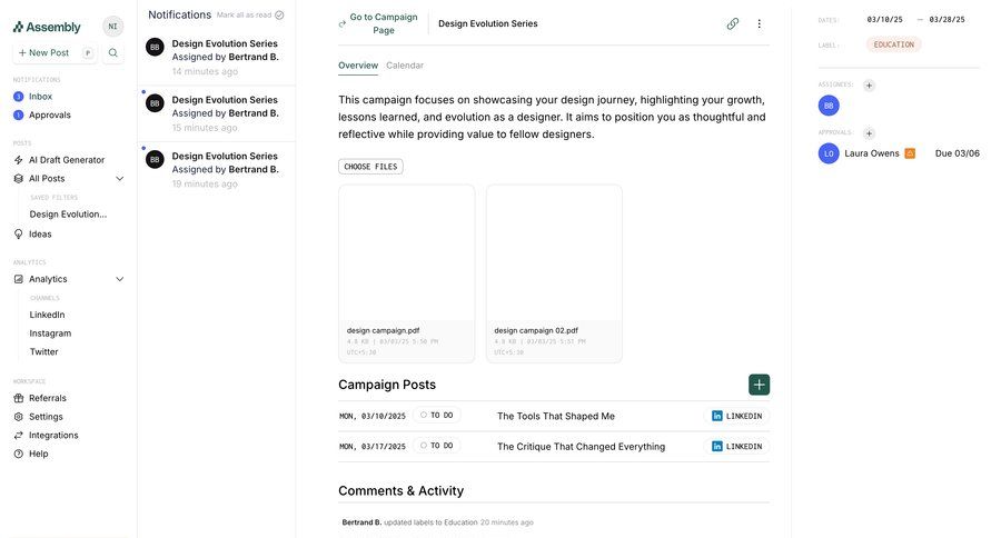 Assembly
			 content management team collaboration dashboard sidebar navigation project management file upload right sidebar campaign management content scheduling product details information page detail view item details info view activity stream upload file campaign creation ui page example