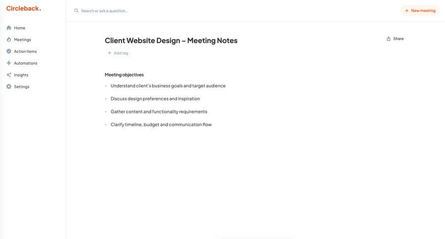 Circleback
			detail page share content collaboration project management tagging content hierarchy sidebar menu meeting ui page example