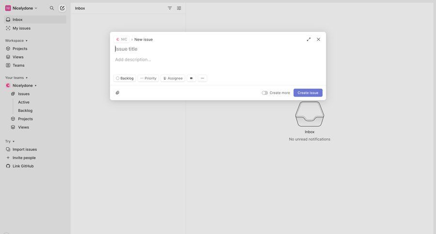 Linear
			 task management modal screen collaboration sidebar navigation project management form issue tracking project organization inbox sidebar new create ui page example