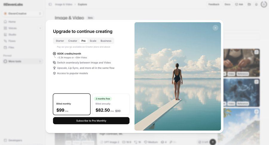Elevenlabs
			 upgrade modal subscription plans ui page example