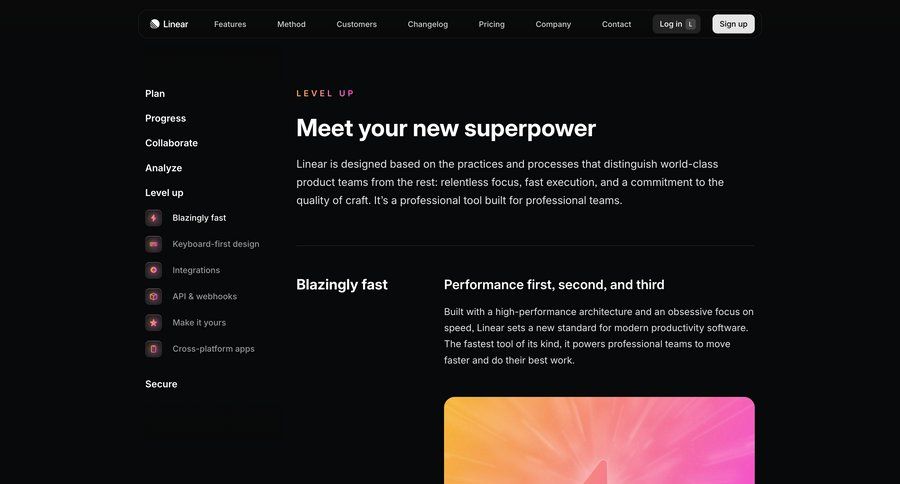 Linear
			 import data features management color theme features changelog keyboard shortcuts filter ui dark ui offline mode command k ui page example