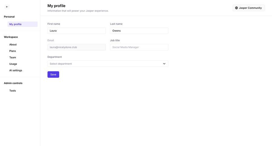 Jasper
			 settings user management artificial intelligence onboarding form account setup workspace settings profile settings save changes sidebar profile creation ui page example