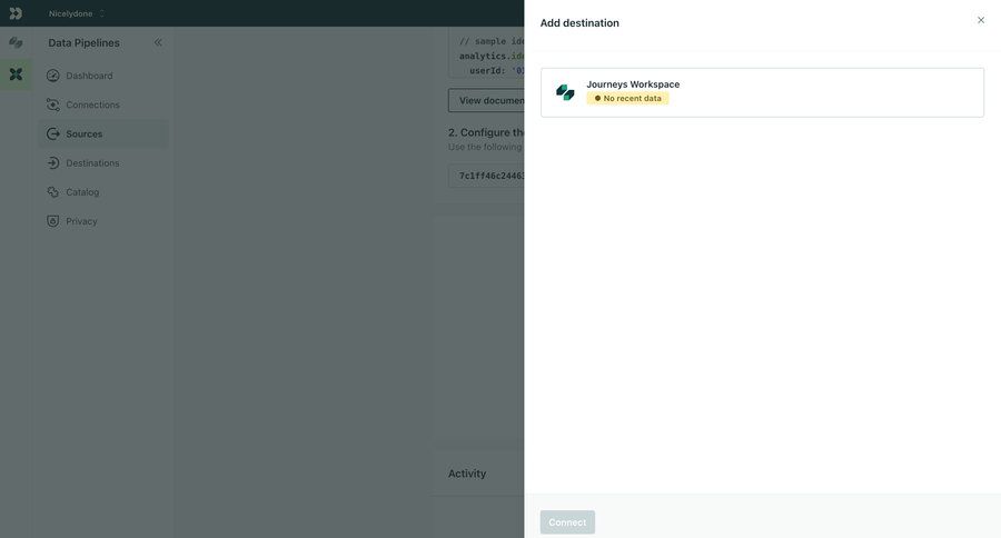 Customer.io
			 modern sidebar data management integration sidebar navigation configuration data analytics data integration modal screen data pipeline connect service crm dashboard ui page example