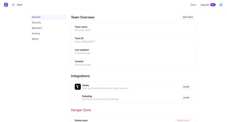 Evervault
			 configuration settings account setup integration management sidebar parameters version control ui page example