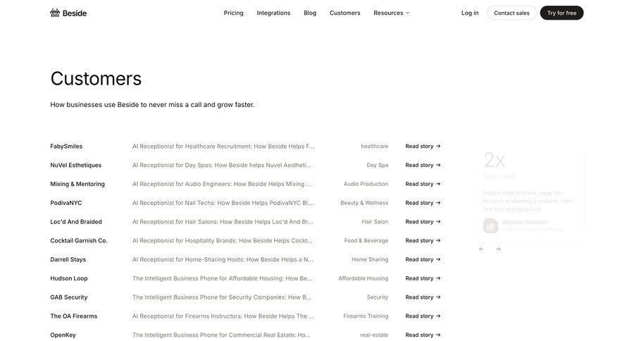 Beside
			 testimonials case studies customer stories b2b saas ui page example