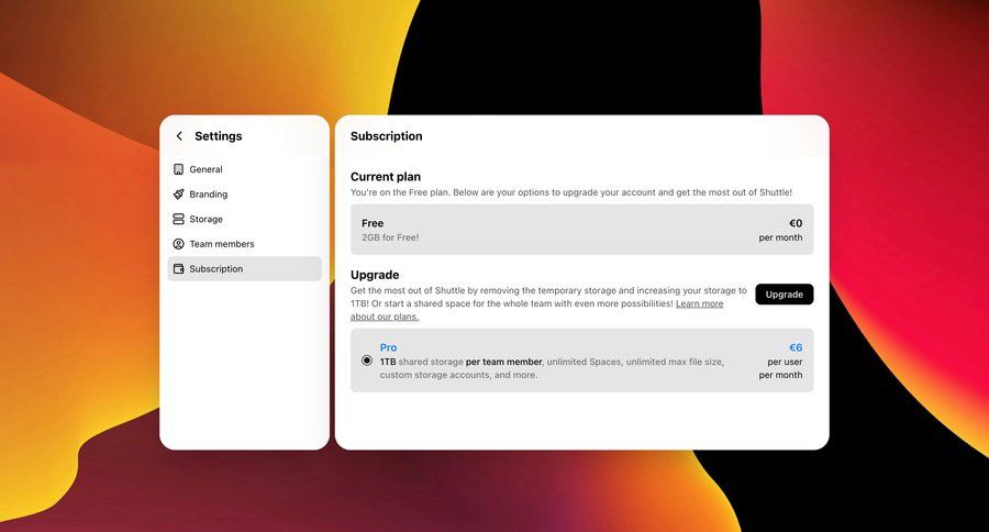 Shuttle
			 configuration settings sidebar navigation form account settings subscription management plan comparison free plan sidebar parameters ui page example