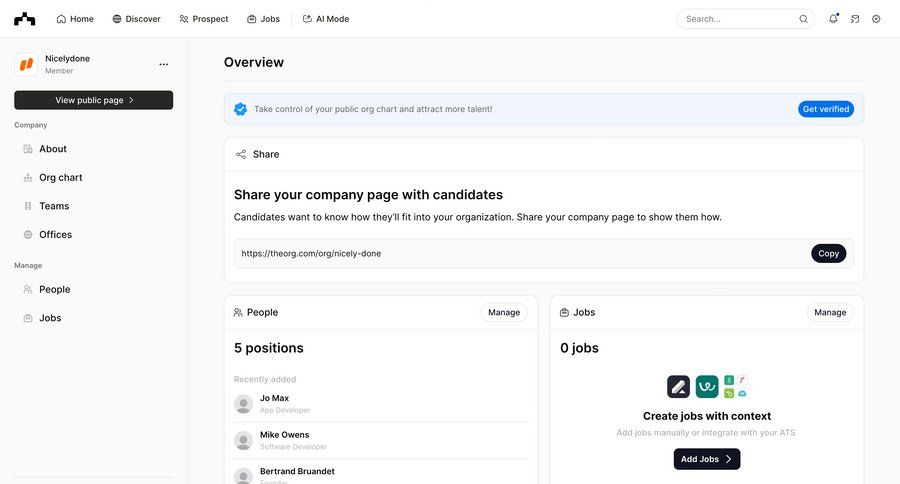 The org
			home list share company onboarding account setup sidebar jobs ui page example