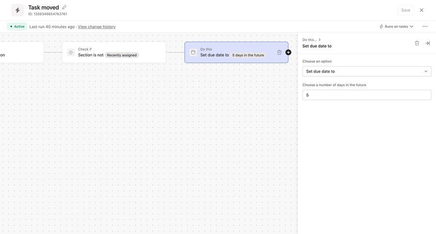 Asana
			 task management configuration project management automation workflow automation workflow configuration save changes workflow editor option menu ui page example