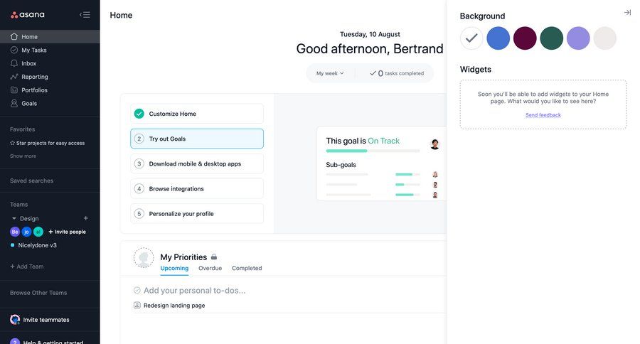 Asana
			 task management team collaboration dashboard project management onboarding inbox sidebar progress bar modern widgets settings modal ui page example