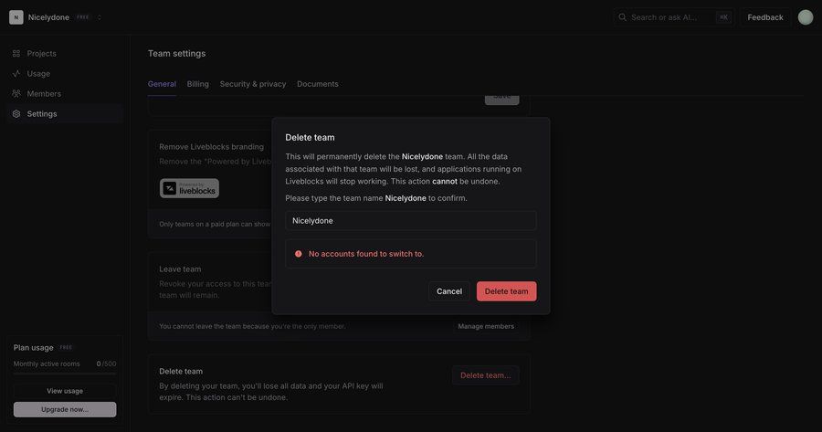Liveblocks
			 settings modal dialog confirmation screen alert data security ui page example