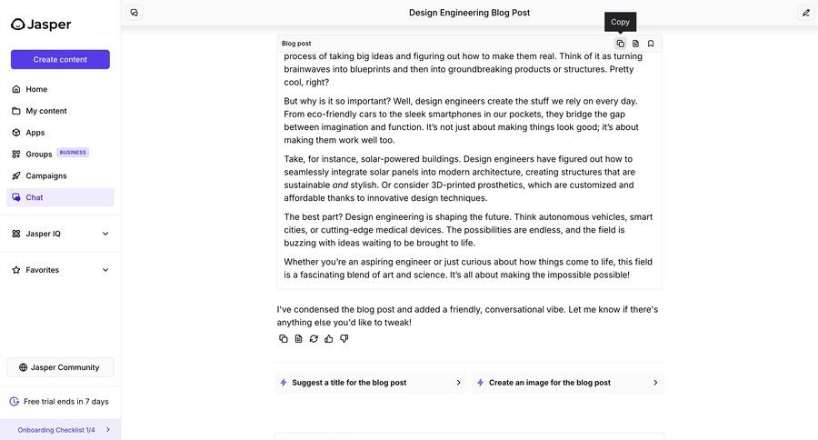 Jasper
			 dashboard sidebar navigation artificial intelligence sidebar chat blog post chat interface ai chat ui page example