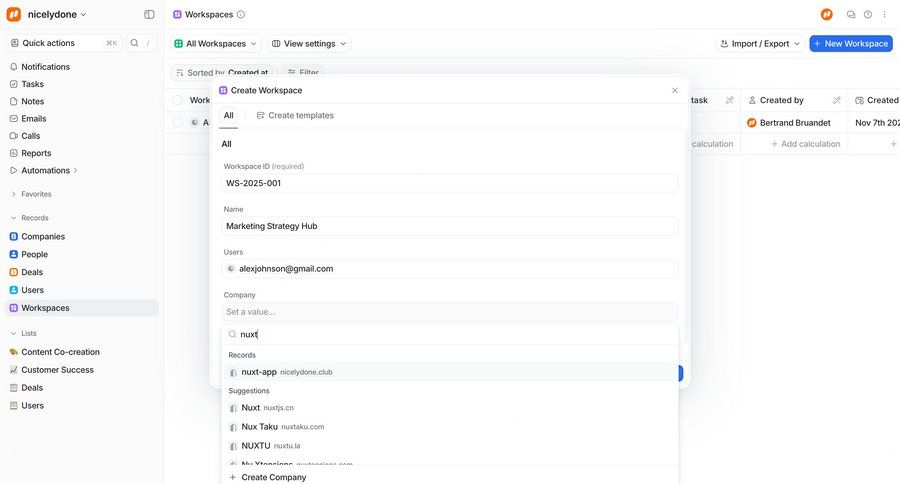 Attio
			 collaboration project management form project setup workspace management template selection workspace creation create autocomplete ui page example
