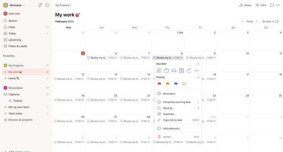 Todoist
			 task management sidebar navigation project management calendar events calendar screen sidebar menu progress bar pagination ui page example
