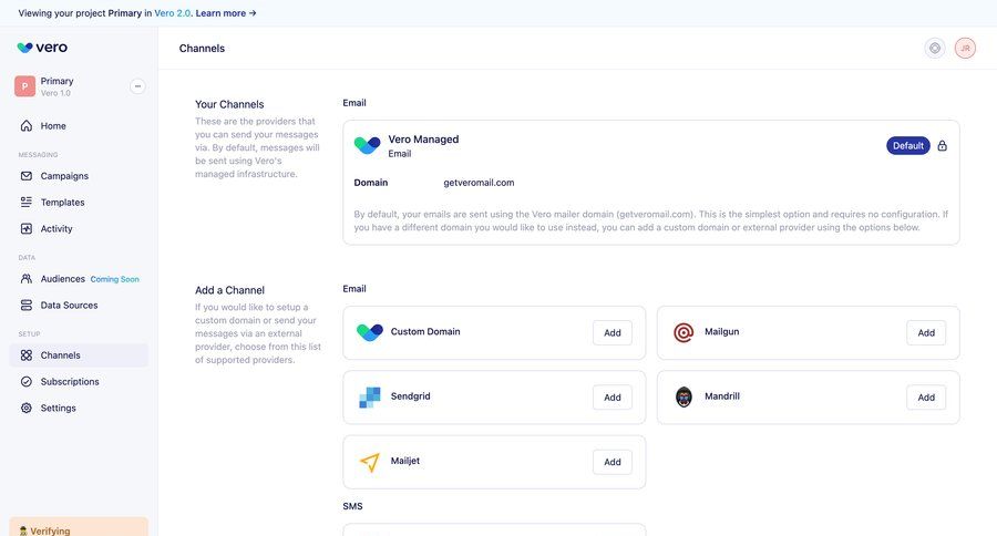 Vero
			 configuration settings sidebar navigation account settings channel management email coming soon sidebar setup crm dashboard ui page example