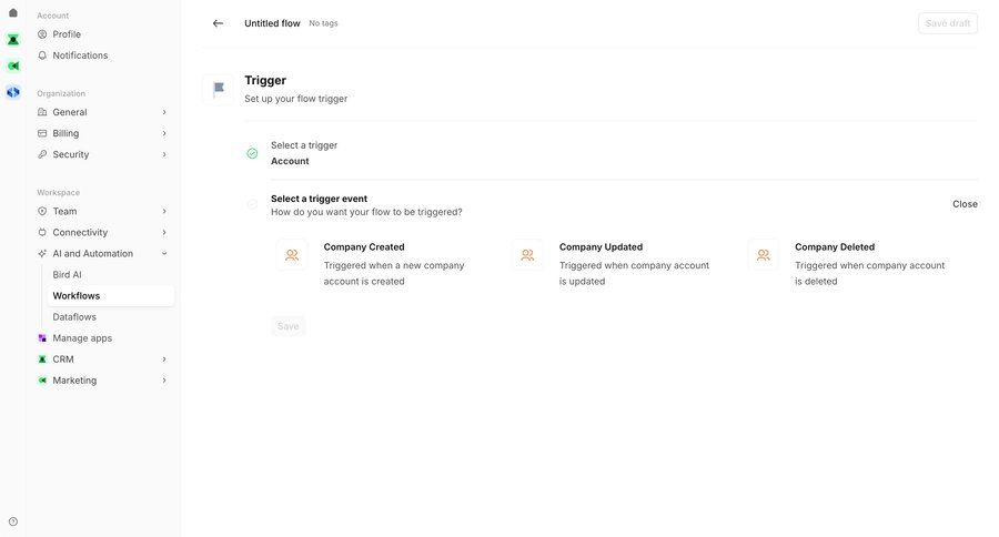 Bird
			 workflow builder automation setup b2b saas ui page example