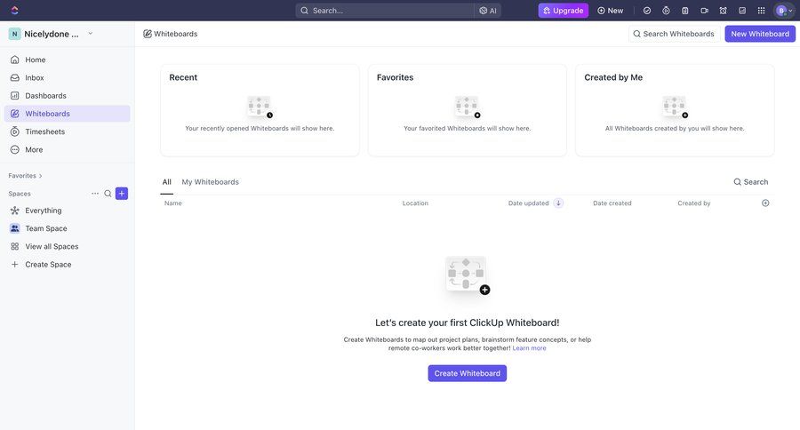 ClickUp
			 collaboration dashboard sidebar navigation project management user management onboarding three-column grid whiteboard sidebar blank state void blank non-ideal state empty page prompt create location map modern table map view ui page example