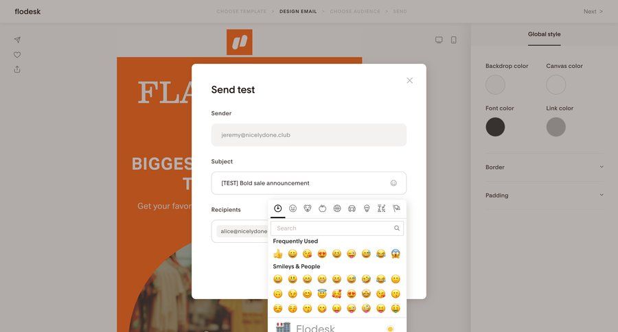 Flodesk
			 form modal dialog email send invitation create generate announcement global search ui page example
