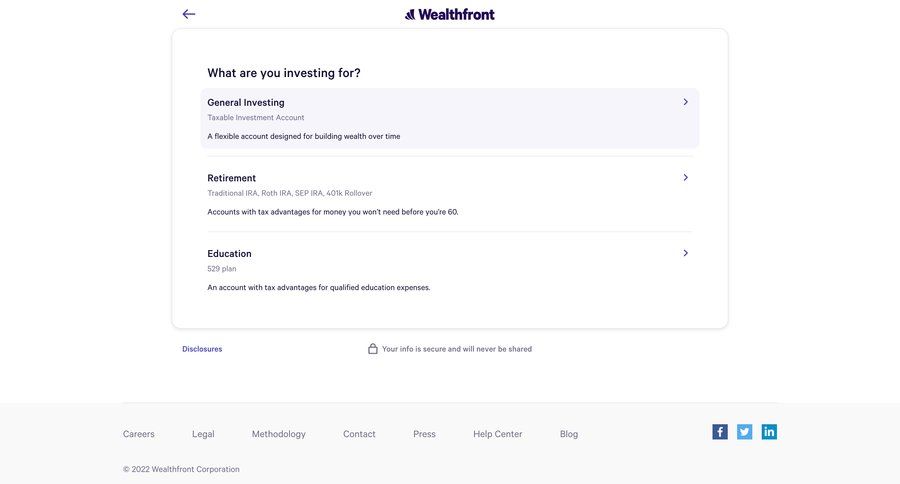 Wealthfront
				signup page example