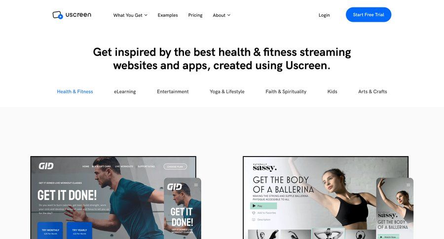 Uscreen
			 free account cancel trial testimonials case studies customer stories fitness ui page example