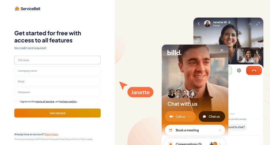 ServiceBell
			 account management form split screen account creation customer communication signup register communication modern ui page example