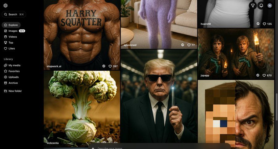 Sora
			 sidebar navigation grid full-screen layout content discovery call intelligence lists image gallery media gallery photo gallery media assets search bar ui page example