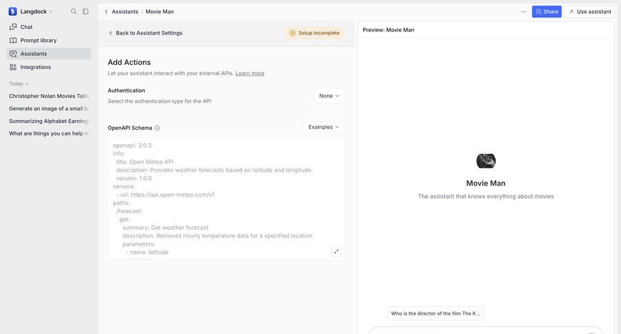 Langdock
			 configuration settings sidebar navigation artificial intelligence form automation split screen authentication preview panel content blocks call to action sidebar ui page example
