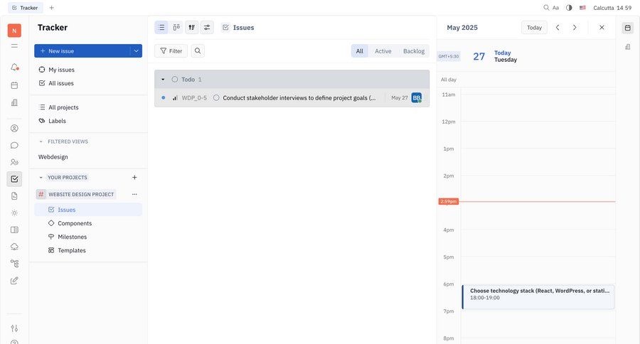 Huly
			 task management dashboard sidebar navigation project management kanban board project tracking calendar events calendar screen sidebar menu ui page example