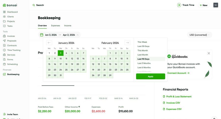 Bonsai
			 sidebar date picker sidebar navigation finance dropdown filters date filter financial reporting accounting integrations time selector ui page example