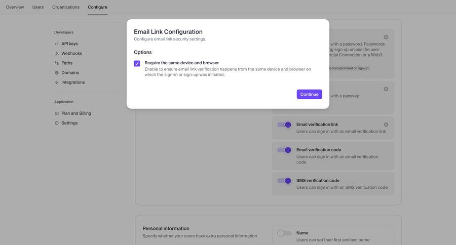 Clerk
			 configuration settings authentication save changes email verification security security configuration ui page example