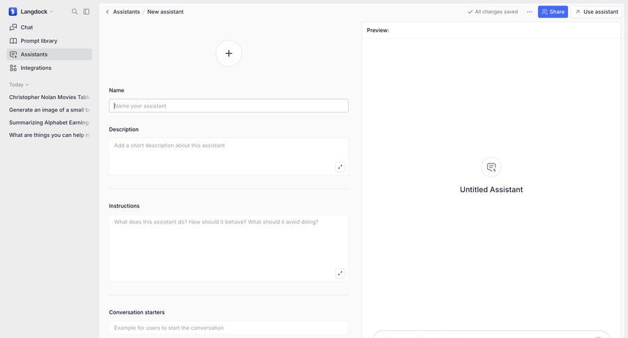 Langdock
			 configuration sidebar navigation artificial intelligence form preview panel sidebar create ui page example