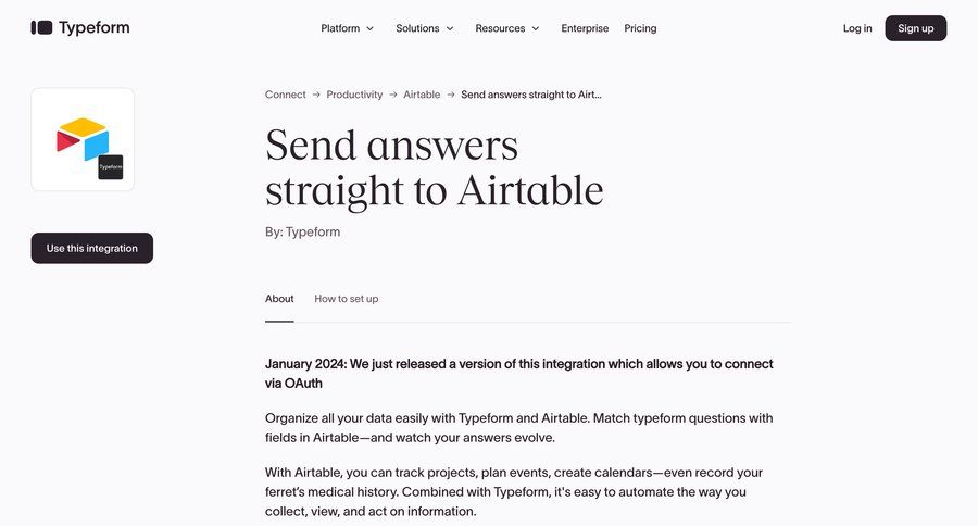 Typeform
			 automation setup ui page example