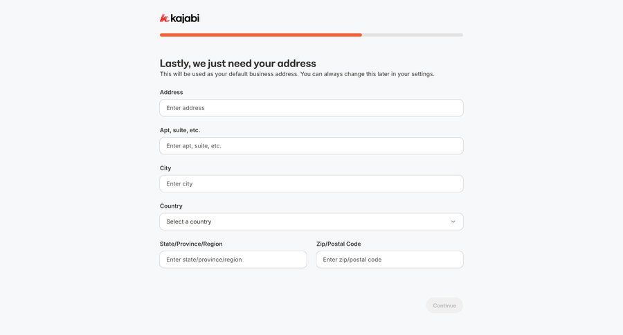 Kajabi
			 account management onboarding form account setup progress indicator account creation form layout setup on boarding progress bar ui page example