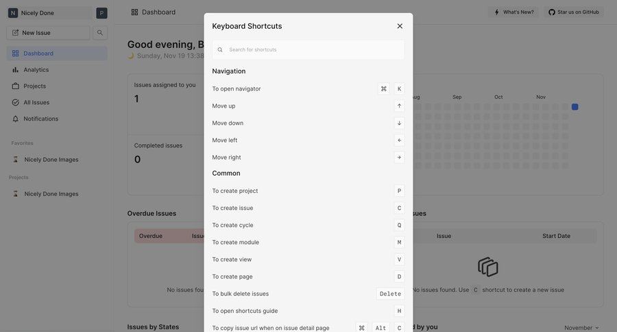 Plane
			keyboard shortcuts modal screen dashboard project management free plan bulk delete bulk move keyboard shortcuts shortcuts hotkeys quick actions quick keys ui page example