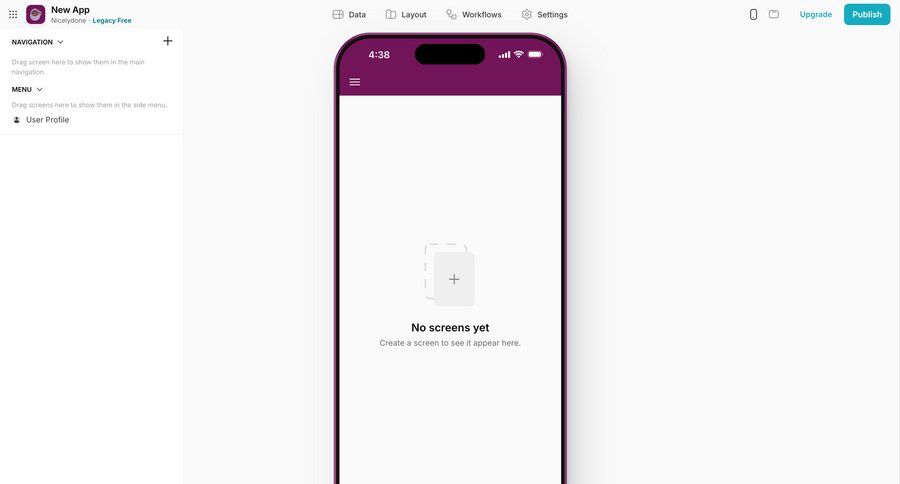 Glide
			settings empty state create design drag and drop sidebar menu ui page example