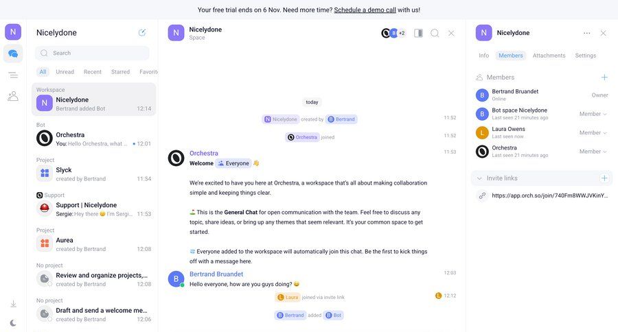 Orchestra
			 collaboration split screen communication chat menu chat interface ui page example