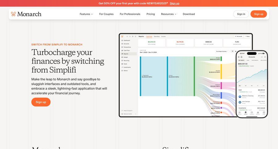 Monarch
			 trial checkout features management features competition vs banking app ux download report ui page example