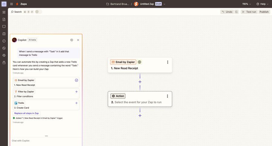 Zapier
			 workflow automation drag and drop workflow configuration automation setup workflow editor create chat integration chat interface ui page example
