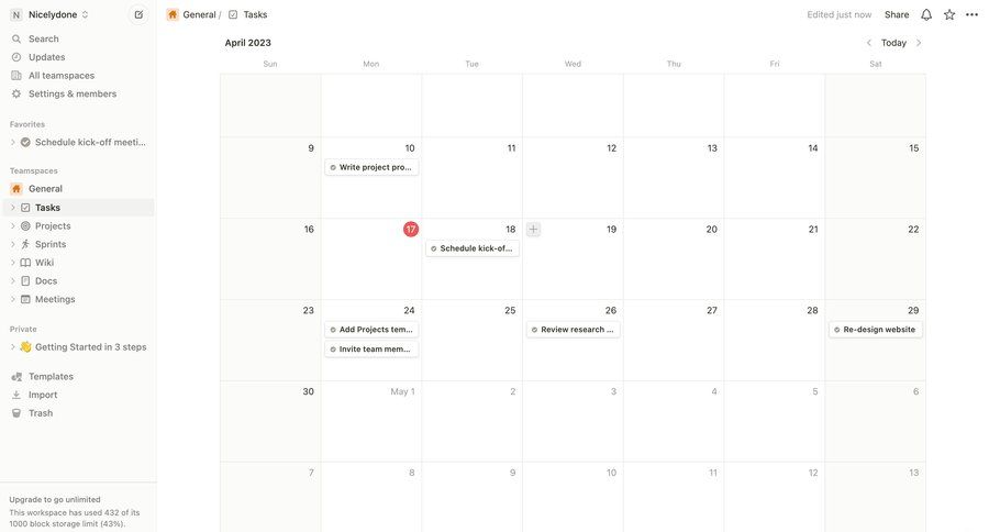 Notion
			 task management team collaboration sidebar navigation project management calendar events calendar screen sidebar progress bar ui page example