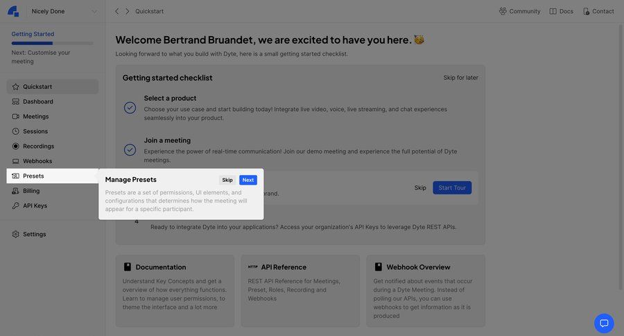 Dyte
			tooltip sidebar navigation account management onboarding account setup getting started user permissions sidebar communication documentation tip progress bar check out ui page example