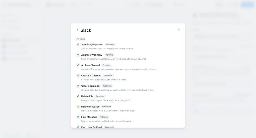 Lindy
			list modal & popover integrations actions workspace settings configuration settings automation task completion communication integration ui page example