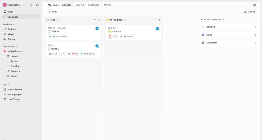 Linear
			 task management dashboard sidebar navigation project management kanban board issue tracking project organization dropdown filters sidebar menu table project dashboard ui page example