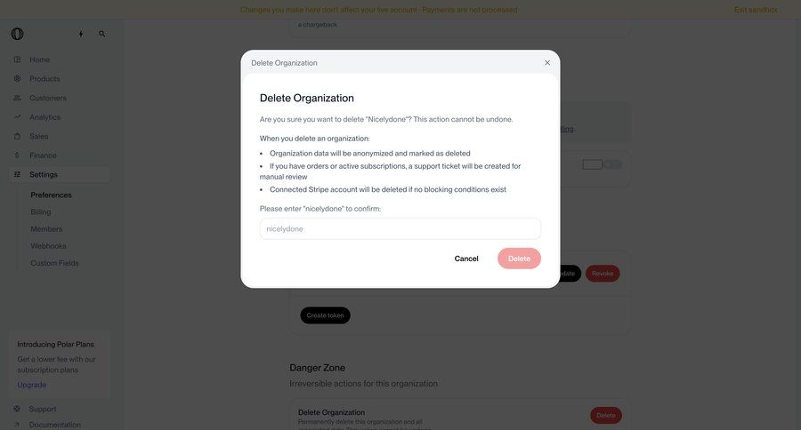 Polar
			 data management settings account security confirmation screen account deletion organization management cancel deletion minimalist design confirmation message ui page example