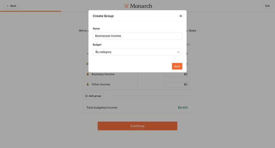 Monarch
			 modal screen settings onboarding form account setup finance data entry create setup on boarding ui page example