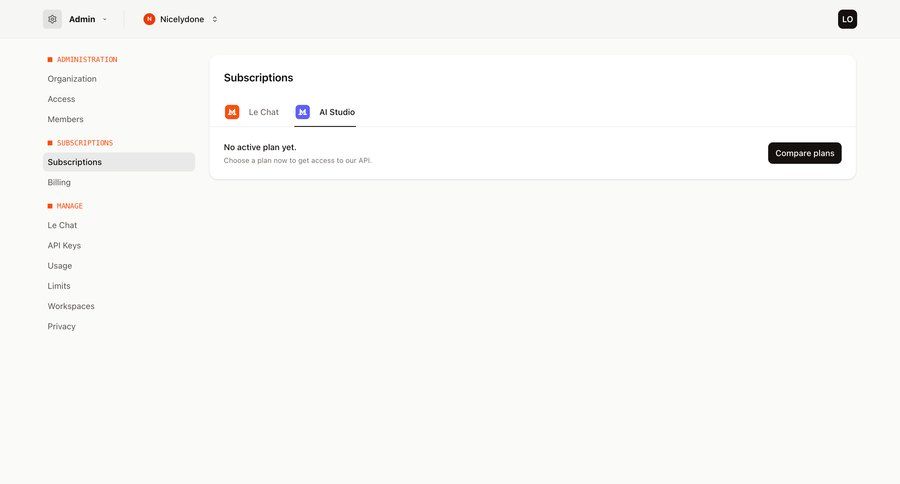 Mistral
			 account management subscription management pricing plans ui page example