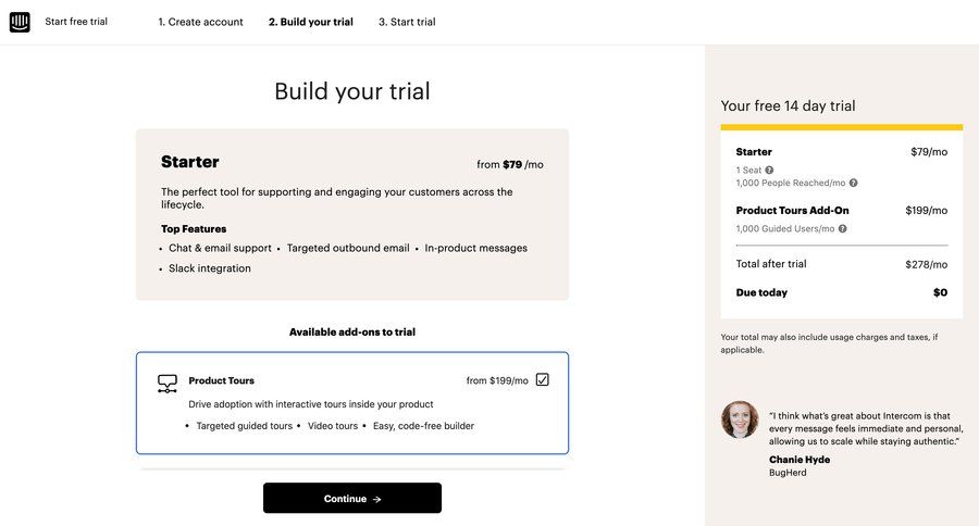 Intercom
			 price configuration guided tour premium trial onboarding customer support chat trial checkout product packages ui page example