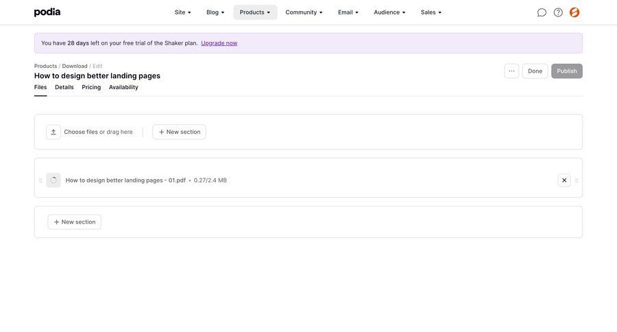Podia
			 e-commerce dashboard file upload file management file organization free trial file uploader upload file download ui page example