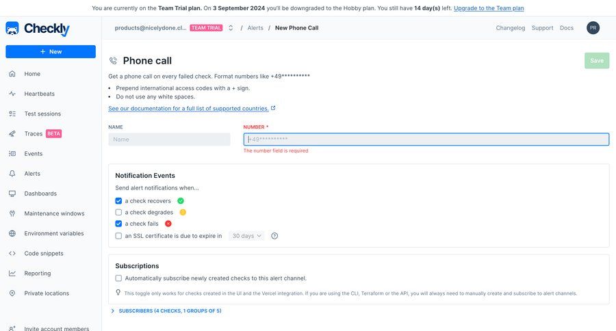 Checkly
			 configuration sidebar navigation form account settings form layout call transcript call to action sidebar create monitoring notification settings ui page example