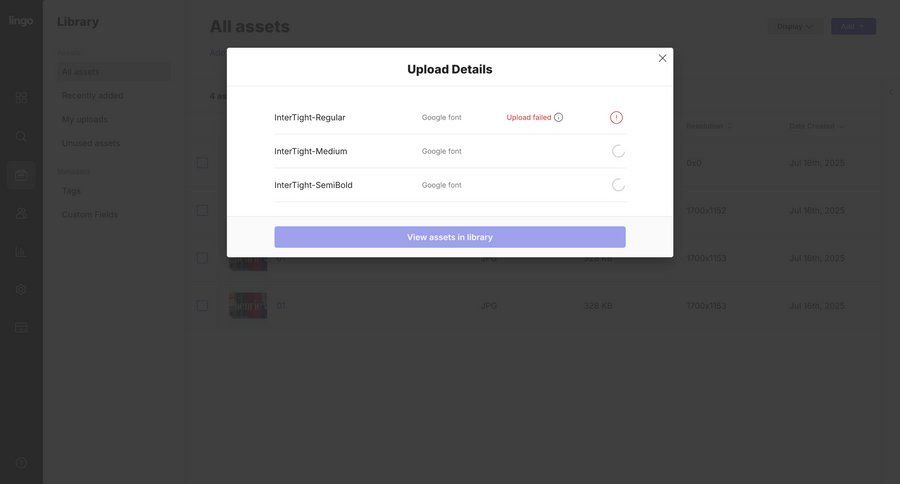 Lingo
			modal & popover upload error state design progress indicator file upload typography ui page example