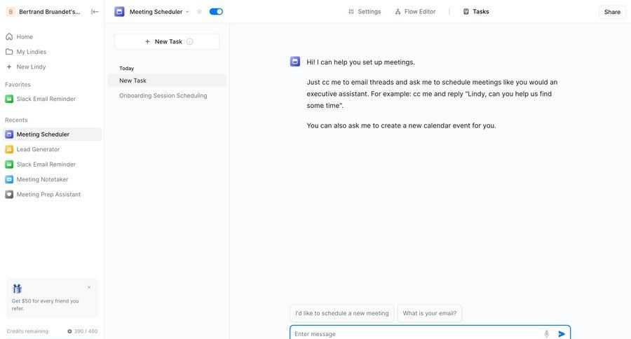 Lindy
			 task management dashboard sidebar navigation file upload attachment scheduling meetings content hierarchy virtual assistant sidebar chat interface ui page example