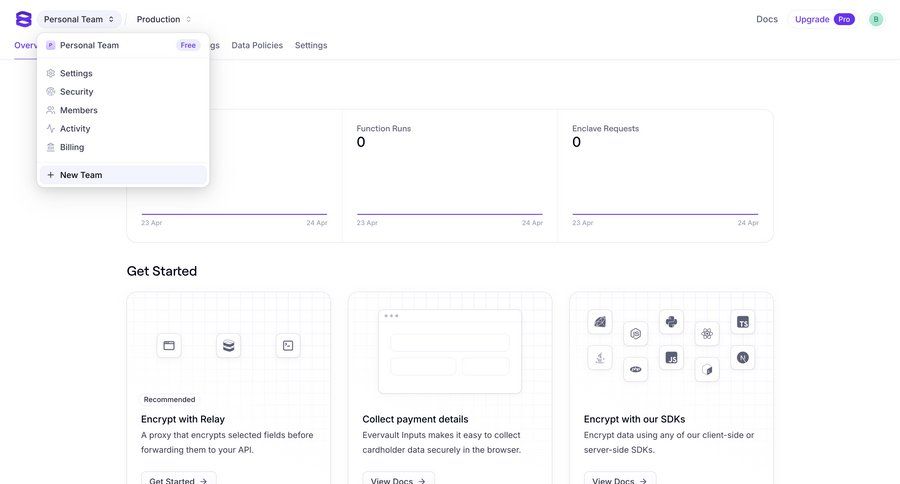 Evervault
			 configuration settings dashboard onboarding account setup dashboard overview navigating settings tutorial security parameters documentation version control suggestion card layout ui page example